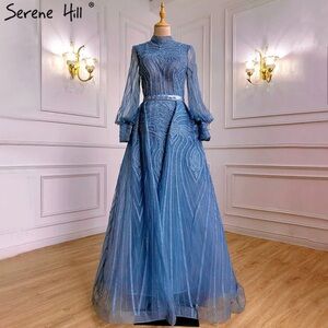 Blue beaded over skirt long evening dress gown